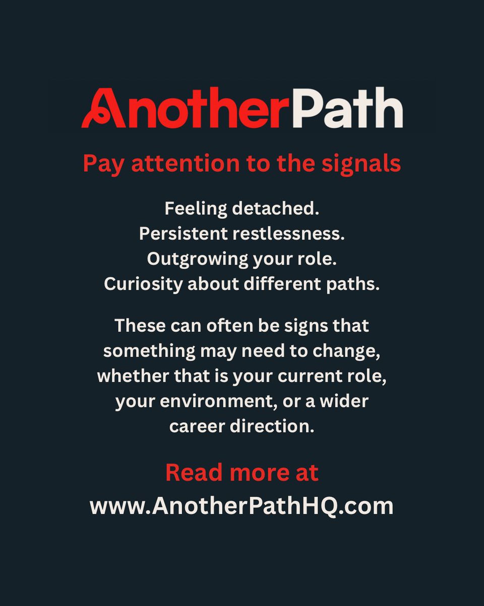 AnotherPathHQ's tweet image. Sometimes career change starts with a simple feeling that something no longer fits.

When work feels heavier and motivation drops, it may be time to reflect on what comes next.

Explore our career change resources and 1:1 coaching on our website 🧑‍💻

#CareerChange #CareerGoals
