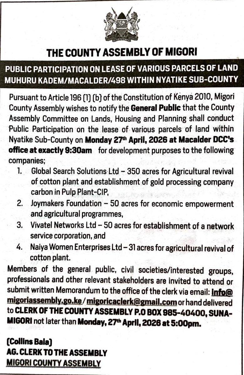 KARA_OfficialKE's tweet image. 📢 Public Participation: Migori Land Lease (Nyatike)

KARA urges residents to engage on the proposed land leases in Nyatike Sub-County.

#PublicParticipation #LandUse #Devolution #ResidentVoice
