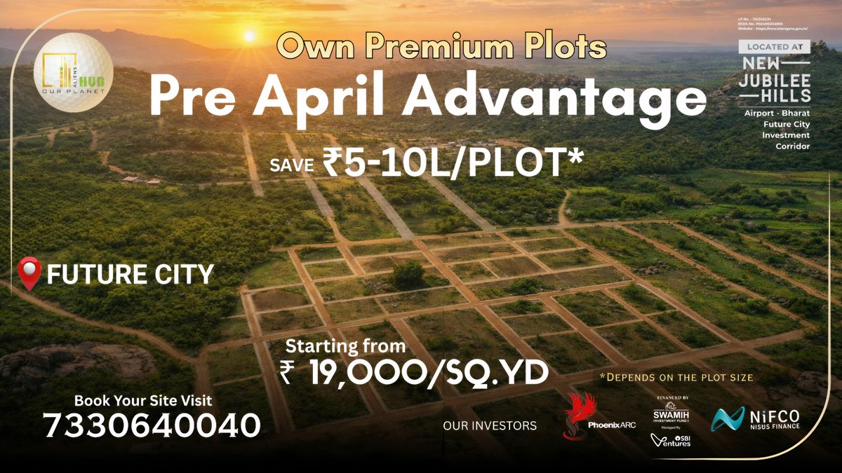 Aliens_Group's tweet photo. Pre-April Advantage is here 🚀

✔ Save ₹5–10L per plot
✔ Starting ₹19,000/sq. yd
✔ Future City growth zone
Early entry = higher upside.
📞 7330640040
#RealEstate #Hyderabad #Investment https://t.co/9lt1onVQHV