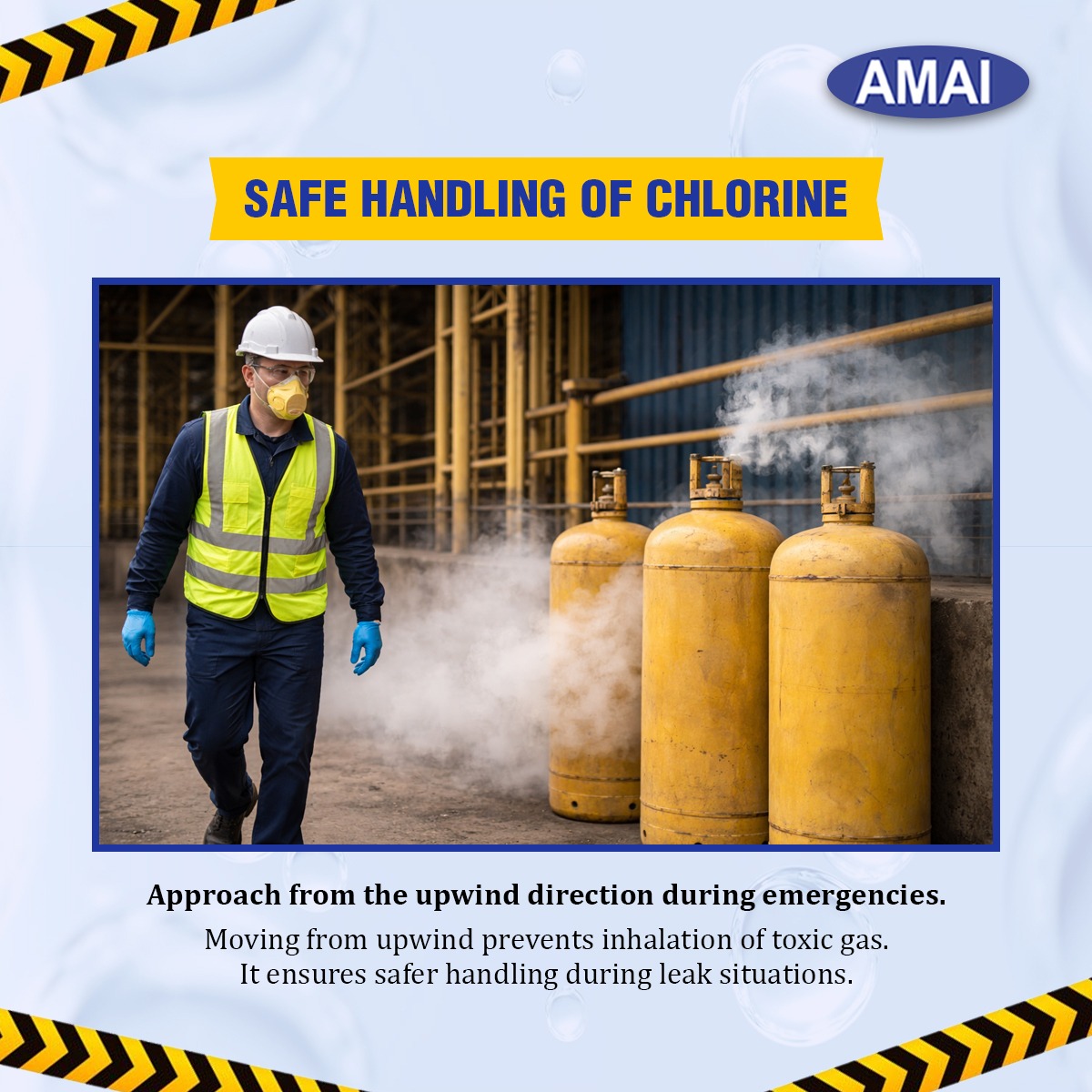 amai_india's tweet image. Direction matters in emergencies.
Always approach from upwind to avoid inhaling toxic chlorine gas.

#SafetyProtocol #EmergencyResponse #ChlorineSafety #IndustrialSafety #AMAI #WorkplaceProtection #StaySafe