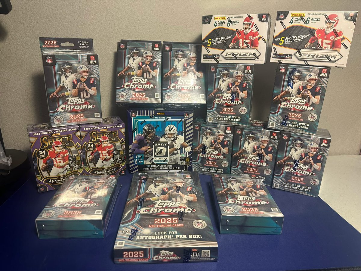 MSCards21's tweet photo. Topps Chrome Football Break #2!  Once it fills, we will rip within a night or two
1- 2025 Topps Chrome Hobby
5-2025 Topps Chrome Blasters
5-2025 Topps Chrome Hangers
2-2025 Panini Prizm Blasters (not in pic)
2-2025 Panini Select Blasters (not in pic)
1-2025 Donruss Optic Mega https://t.co/Q6yhlYZ9Ew