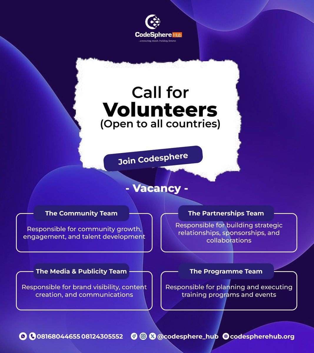 CodesphereHub's tweet image. At CodeSphere Hub, we’re empowering tech talent across Africa through  tech outreach, digital awareness, and industry masterclasses. 

🌍 Now recruiting global volunteers (remote): 🔗 forms.gle/eiShBxx14cTgvN…

#CodeSphereHub #TechForGood #Volunteering #AfricaTech #DigitalSkills