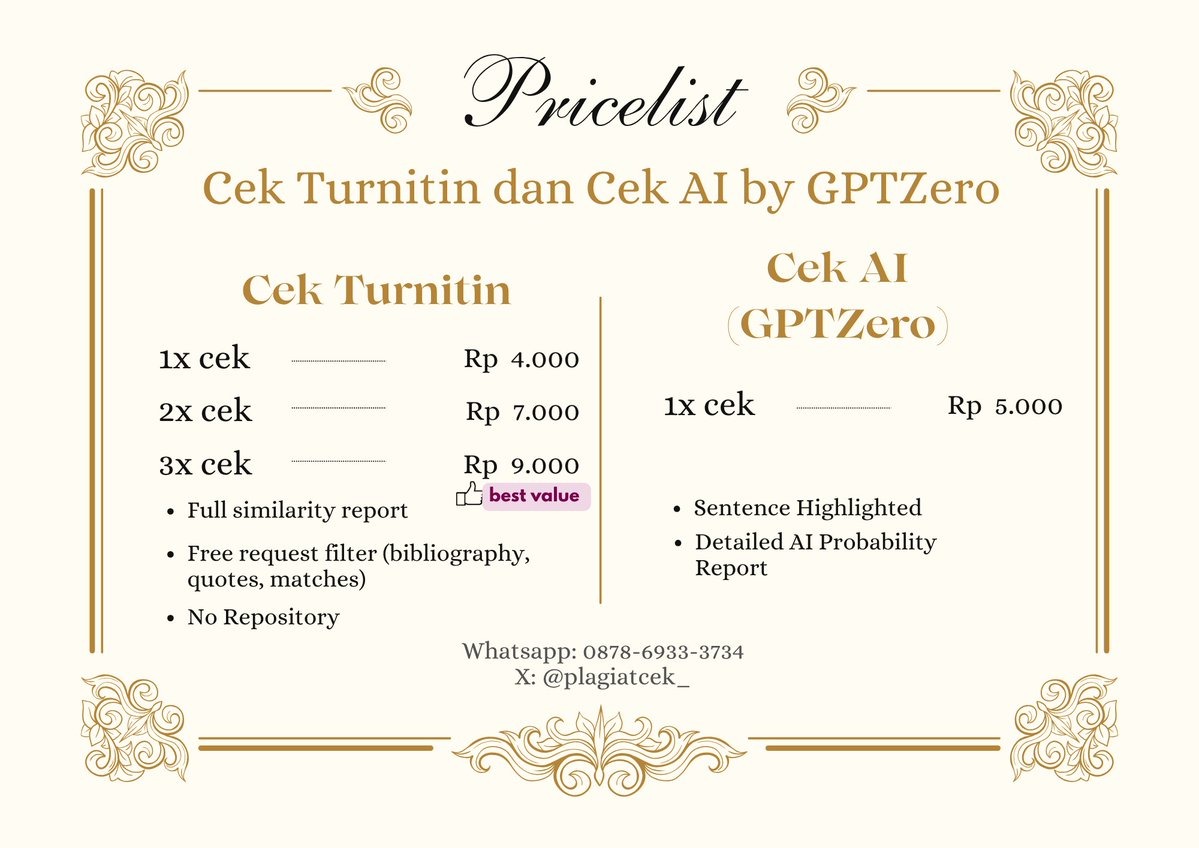[ADS]
BOOKMARK SEKARANG! Cek turnitin dan cek AI murah. Harga termurahnya dari 3k. Cek aja di profil: <a href="/plagiatcek_/">Manda | Cek Turnitin & Cek AI</a> 

Ngga perlu khawatir skripsi, tugas akhir, tugas, artikel atau jurnal, dan lainnya buat cek plagiasi no repository dimana✨ Pricelist ada di gambar ini.

whatsapp: