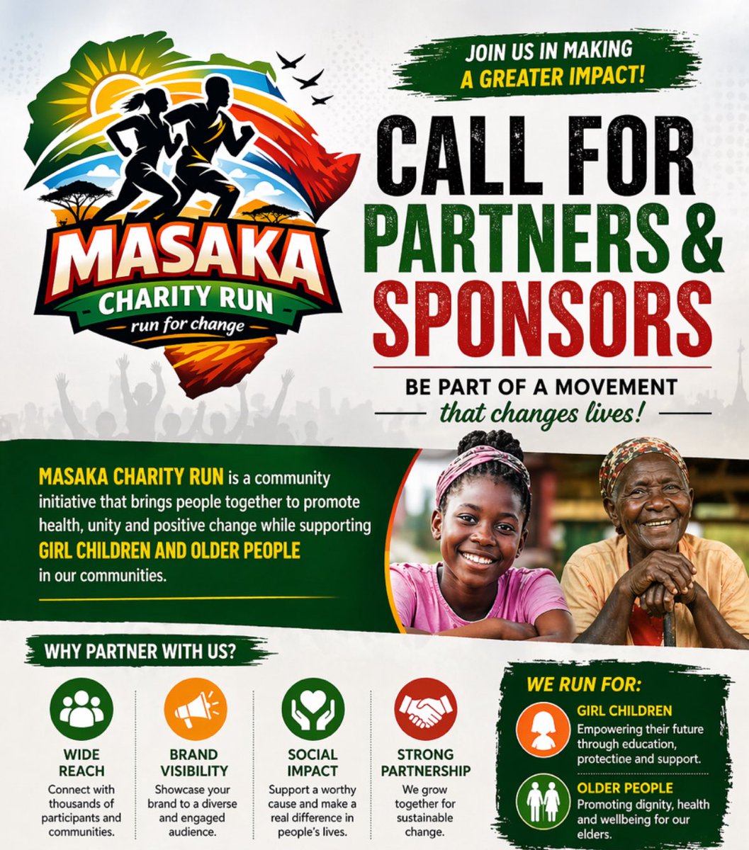 masaka_run's tweet photo. Join us in making impact!
We invite companies &amp; organizations to sponsor the 1st Masaka Charity Run.
Let’s empower girls and support elders together. Be part of the run. Be part of the impact #masakacharityrun #run4charity @BritamUganda @NBLUganda @BJacquie_P https://t.co/m6LK0UGCs6
