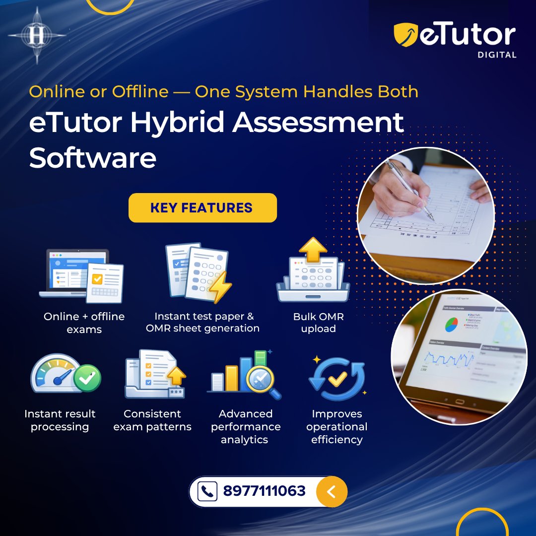 eTutorco's tweet photo. Online + offline exams separately = delays &amp; errors.

Hybrid Assessment Software brings both into one system for faster exams, instant evaluation &amp; better insights.
• One platform
• Instant OMR &amp; results
• Smart analytics

Read more: https://t.co/j8yw37n1e7

 #HybridAssessment https://t.co/tZlkSmydAU