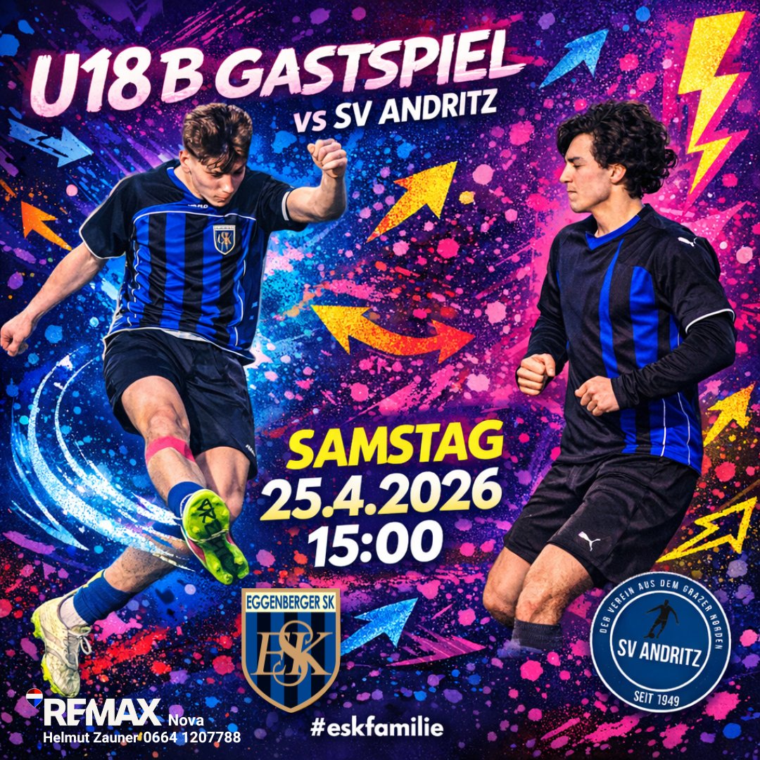 U18 B GASTSPIEL vs SV Andritz 
Am Samstag, 25. April 2026 um 15:00 Uhr heißt’s wieder: Blau‑Schwarz‑Gold on Tour! 
Unsere Jungs sind bereit, alles zu geben – Einsatz, Teamgeist und Leidenschaft pur 
#eskfamilie steht zusammen – ob am Platz oder auf der Tribüne!