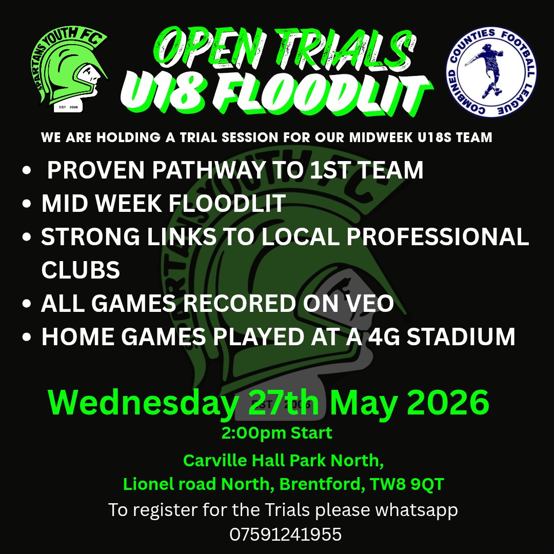 SpartansYouthFC's tweet image. We are holding trials for our Floodlit U18s side this upcoming half term. 
#nonleague #trials #brentford #nonleaguetrials #u18football