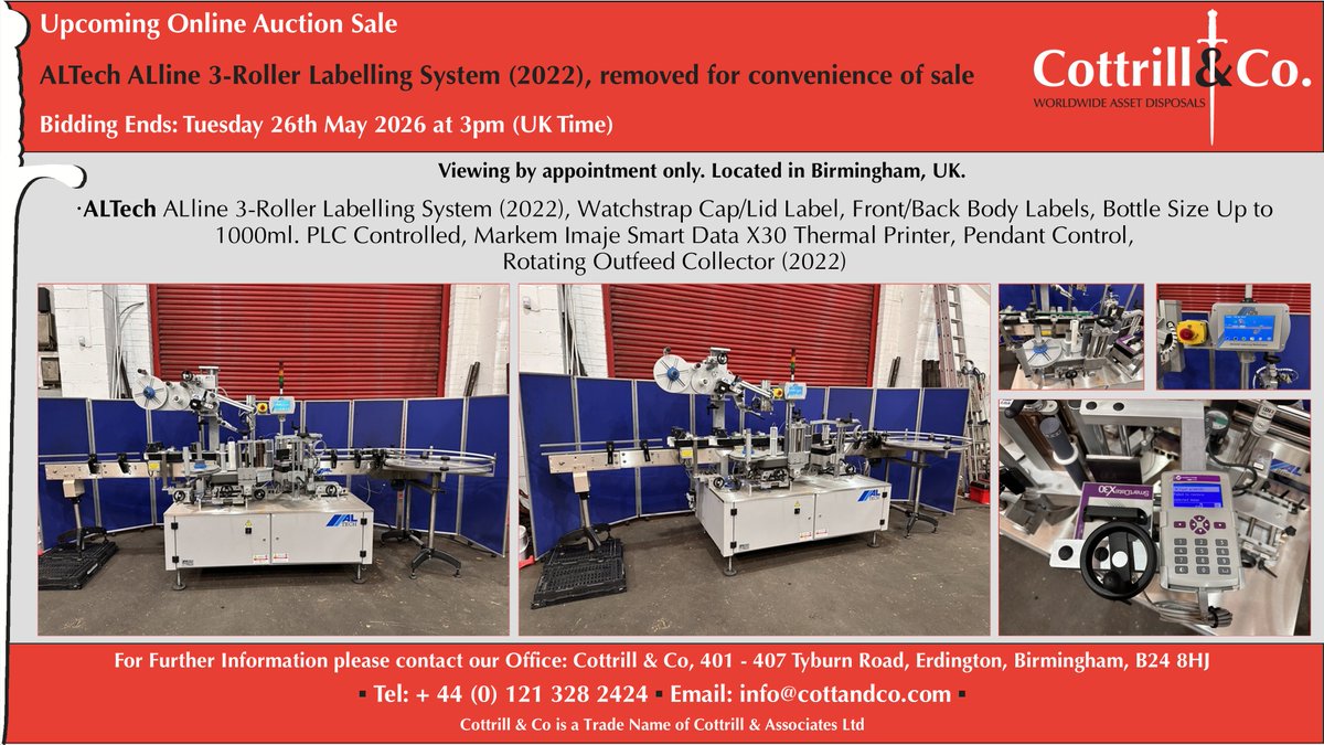 Cottrill_and_Co's tweet image. 📆 Online #Auction Sale - 26 May 2026 - ALTech ALline 3-Roller Labelling System (2022), removed for convenience of sale #printing  #ukmfg #usedmachines #manufacturinguk #manufacturing

Link to Auction: cottandco.com/en/lots/auctio…