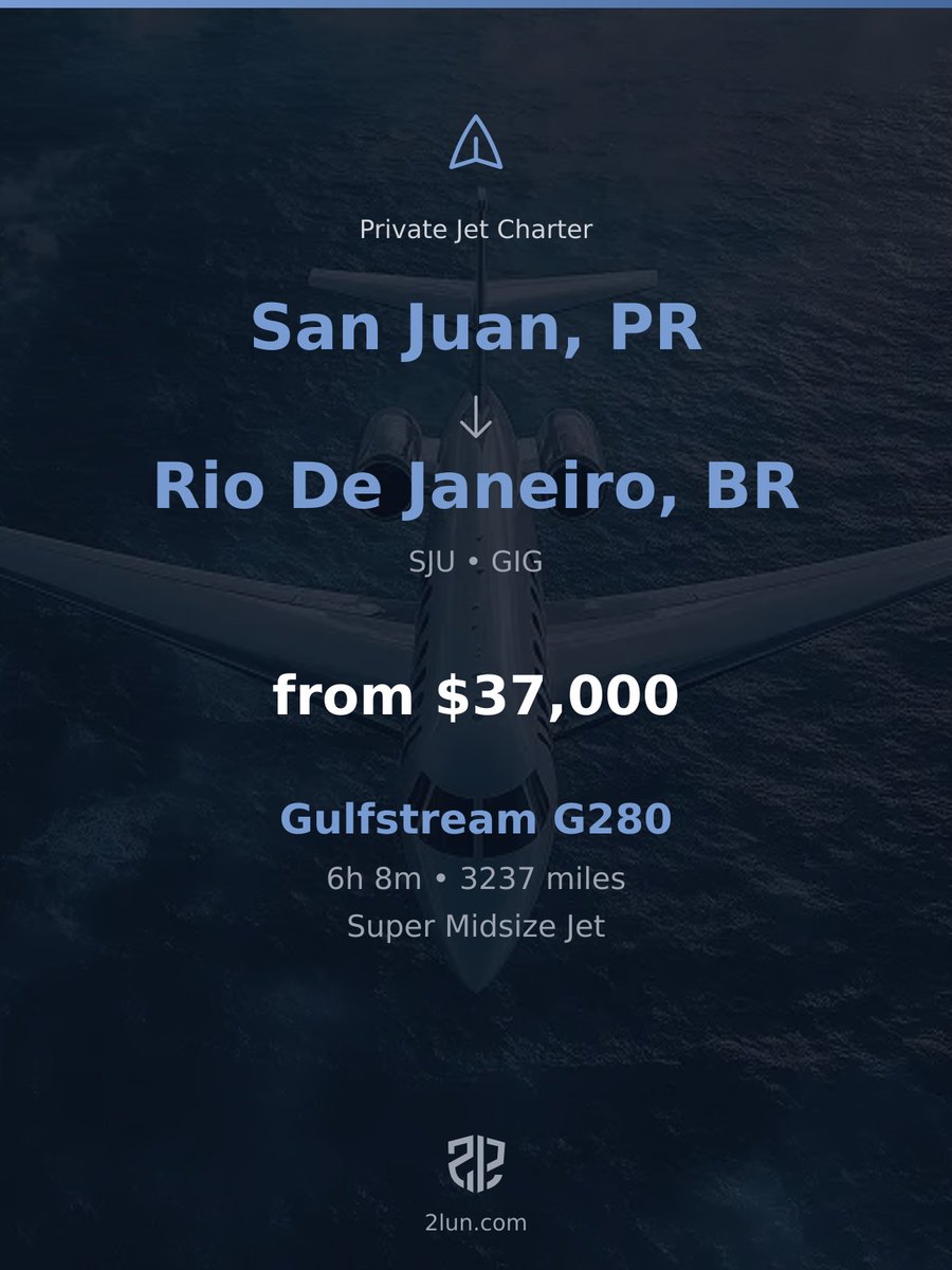 2lunjet's tweet photo. ๐ต๐ท San Juan โ Rio De Janeiro ๐ง๐ท
Private Jet Charter
6h 8m | 3237 miles | From $37,000
Book your flight:
https://t.co/EPdh58TWzm
#ExecutiveJet #JetSetLife #Luxury https://t.co/4klBlbXn2g