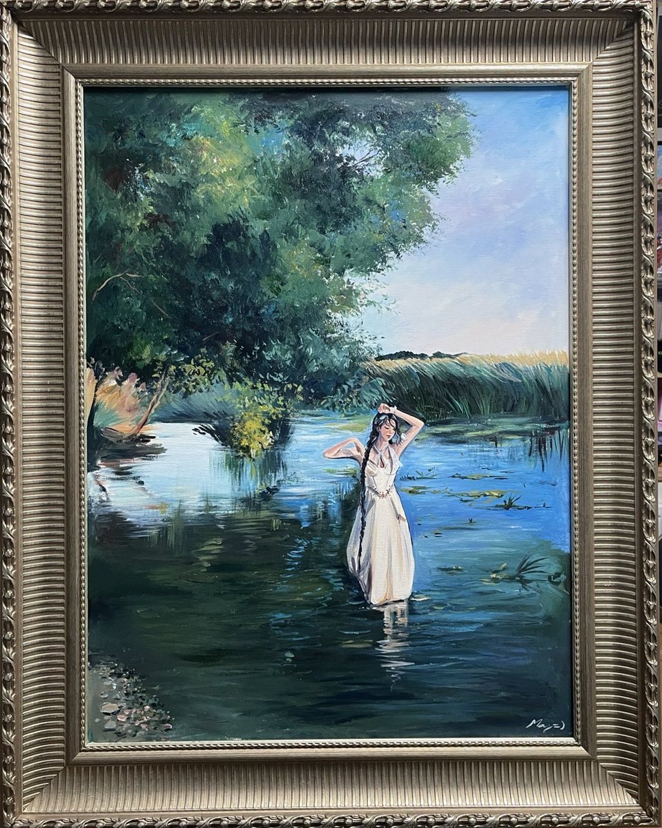 ขนาดงานรวมกรอบ ประมาณ 100x120 cm. ค่ะ หาบ้านให้น้องจ้า 15,000 รวมส่งค่า