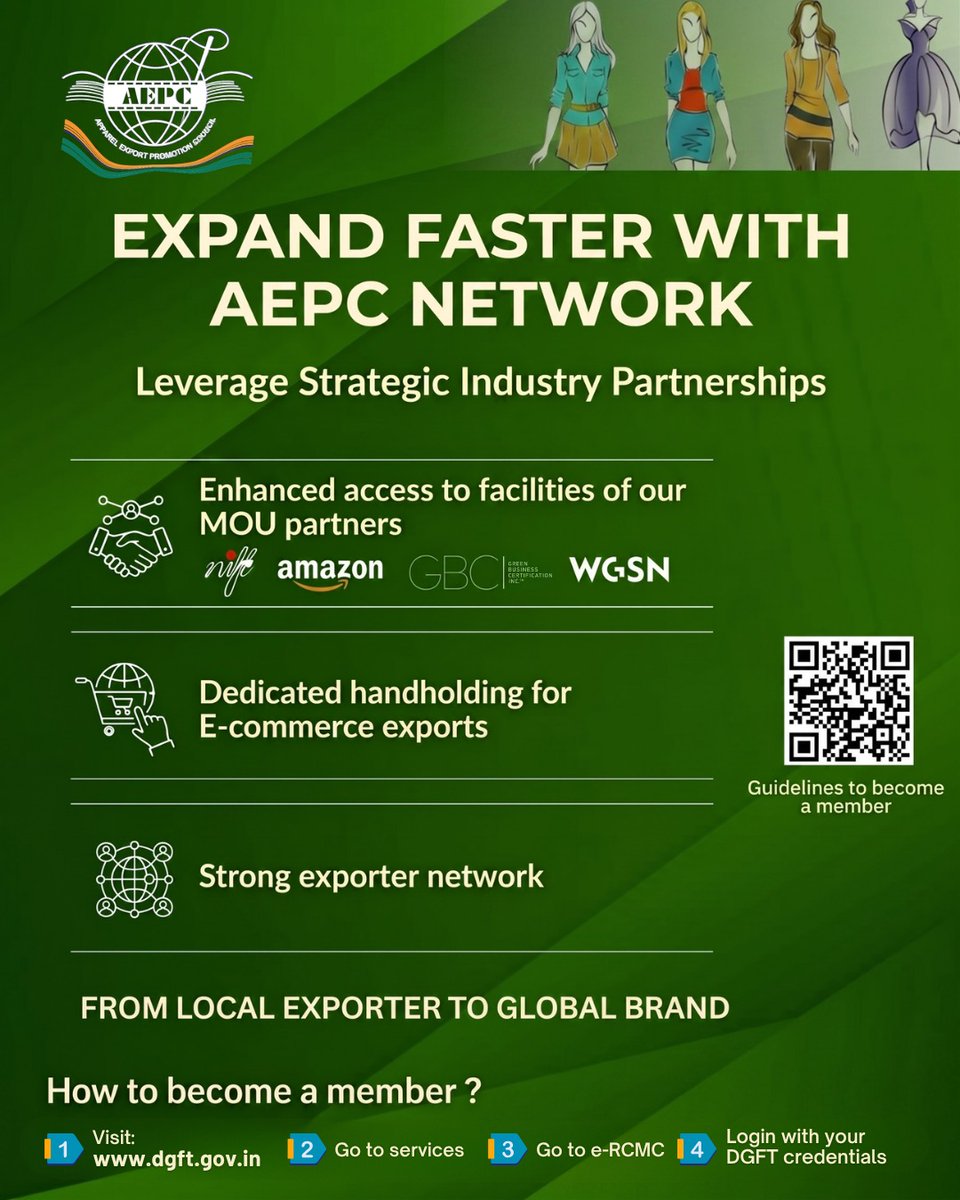 aepcindia's tweet photo. From local exporter to global brand with AEPC!
Access MOU partners like NIFT, Amazon & WGSN, get e-commerce export support & join a powerful exporter network. Grow faster, reach further!
#AEPC #ApparelExports #GlobalBrand #IndianFashion #ExportIndia https://t.co/EY1zaZZov7