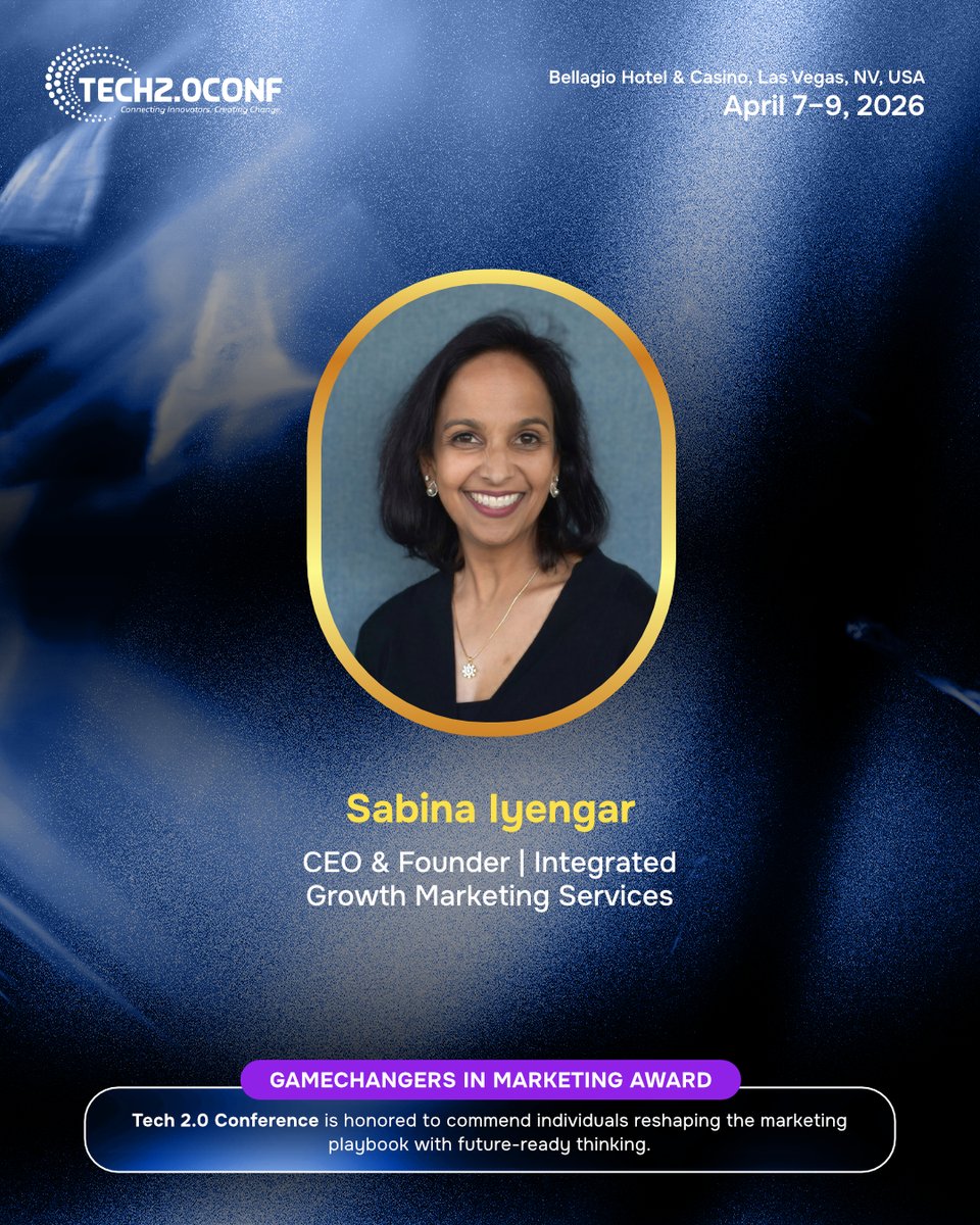tech2conference's tweet photo. A big congratulations to Sabina Iyengar on receiving the Gamechangers in Marketing Award at Tech 2.0 Conference, Las Vegas 2026. ✨

A testament to her vision and leadership in marketing.

#Tech2Conf #Recognition #Gamechangers #MarketingInnovation #LasVegas https://t.co/c7FDpesXrh