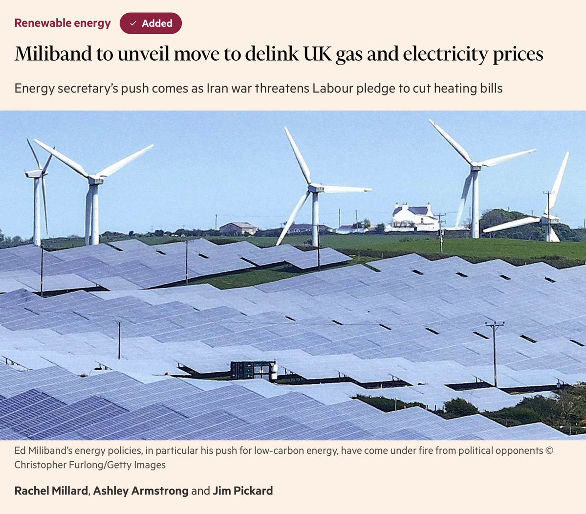 JillBelch's tweet image. At last. Decoupling. 
UK govt to increase taxes on wind &amp;amp; solar to push them to fixed-price contracts, to cut link between #electricity &amp;amp; gas prices.
Blockade of Hormuz ⬆️gas prices &amp;amp; led to higher electricity prices, as gas-fired power stations set price under UK market design.