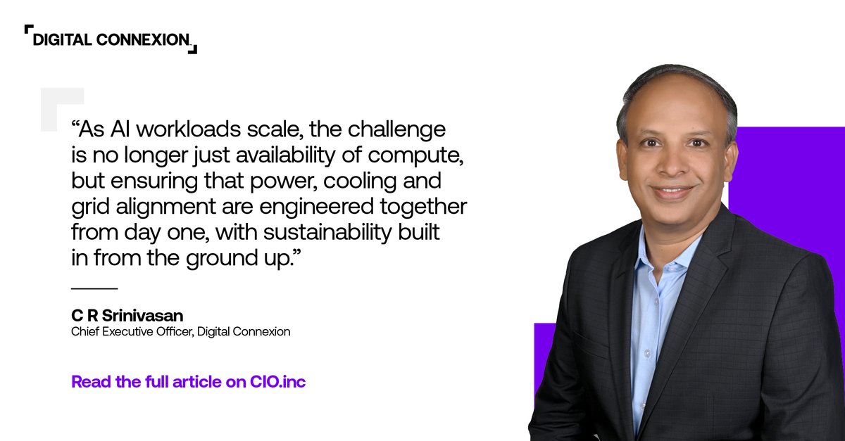 D_Connexion's tweet photo. AI is reshaping data center energy planning.
“Shift to long-term, high-density power strategies.” – 
C R Srinivasan
Chennai campus supports AI workloads >150 kW per rack.
Read more: https://t.co/urUtjrD95s https://t.co/iebzpGl1nM