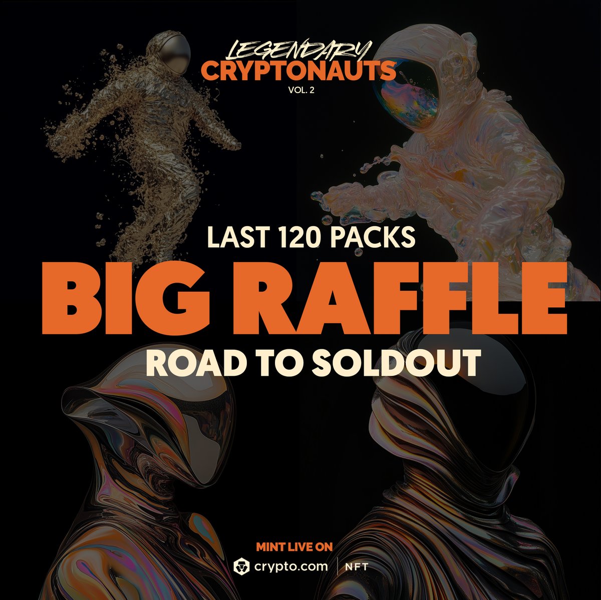 Cryptonautscdc's tweet photo. 120 packs left. 120 tickets for the "Road to Soldout" BIG RAFFLE:

🏆 One winner gets:
✅ 1x @PuppetzART NFT
✅ 1x  @BoldTigers_NFT  NFT
✅ 1x  Time Travel Cryptonaut™ NFT
✅ 1x  Official Cryptonaut™ T-shirt

Every pack bought is a ticket. Every pack bough will be announced in the comments below. LET'S CRO 🚀