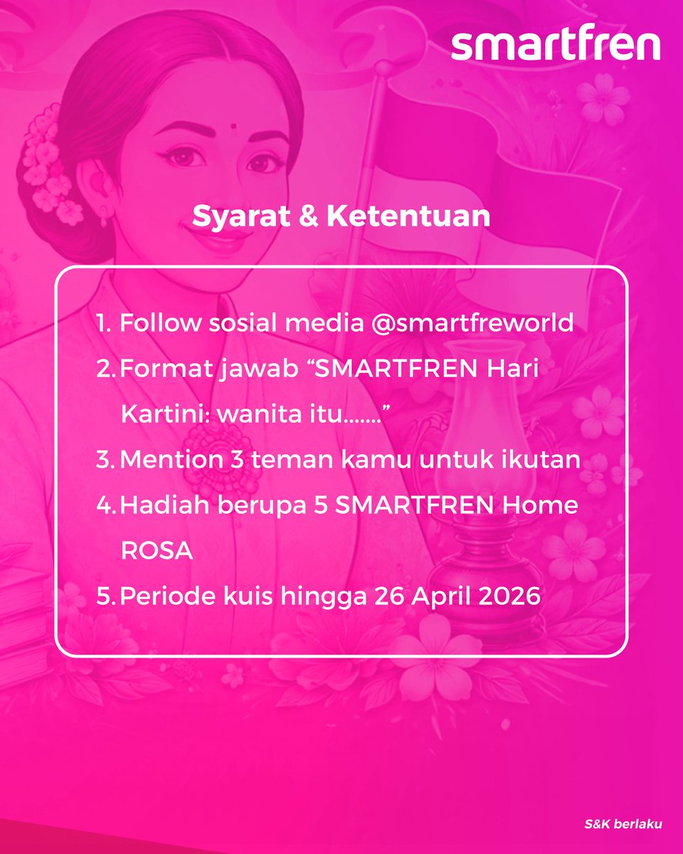 #TebakSukaSuka edisi Hari Kartini! 🩷

Apa pesan kamu untuk wanita Indonesia? ✨

Tulis jawaban kamu di komentar dan menangkan hadiah SMARTFREN Home ROSA ya! 🙌🏻