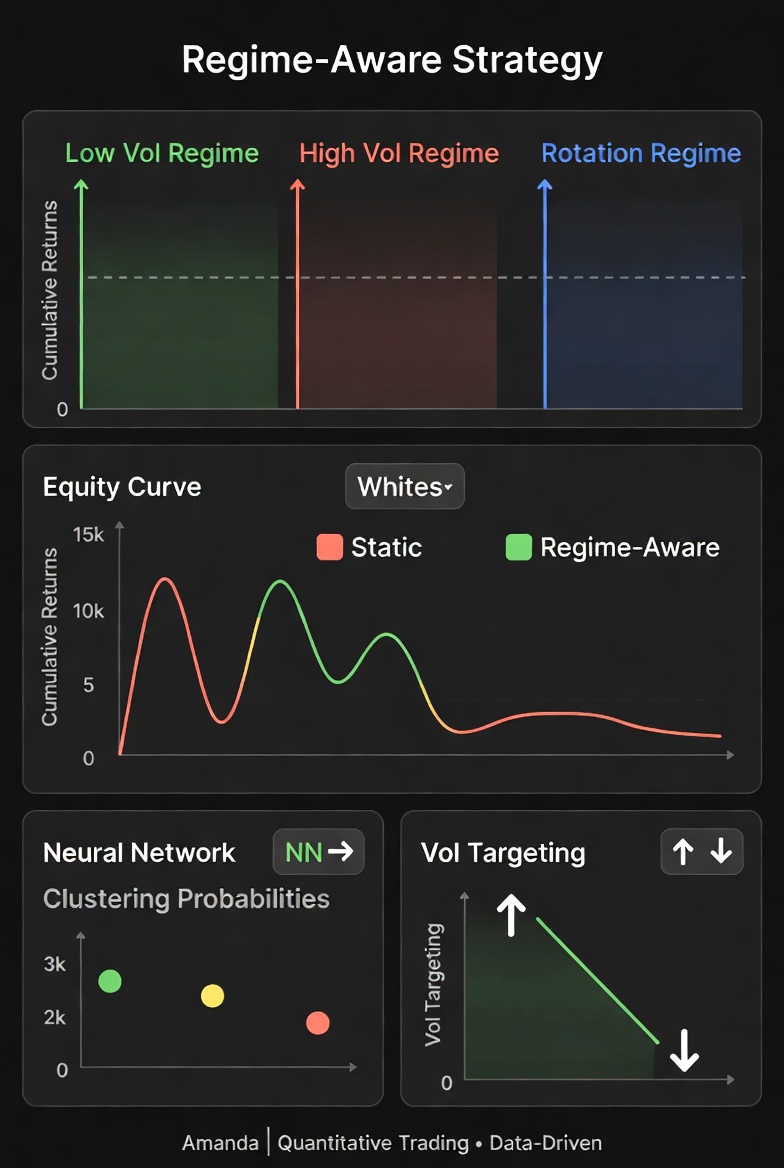 ackillian10's tweet image. "Regime-Aware Strategy: Our NN clustering detects market regimes in real-time.  High-vol → tighten VaR &amp;amp; de-lever.
Rotation → shift to value/quality + dispersion alpha.  Paired with Volatility Targeting: smoother equity curve, lower MaxDD.   #QuantTrading #RegimeAware