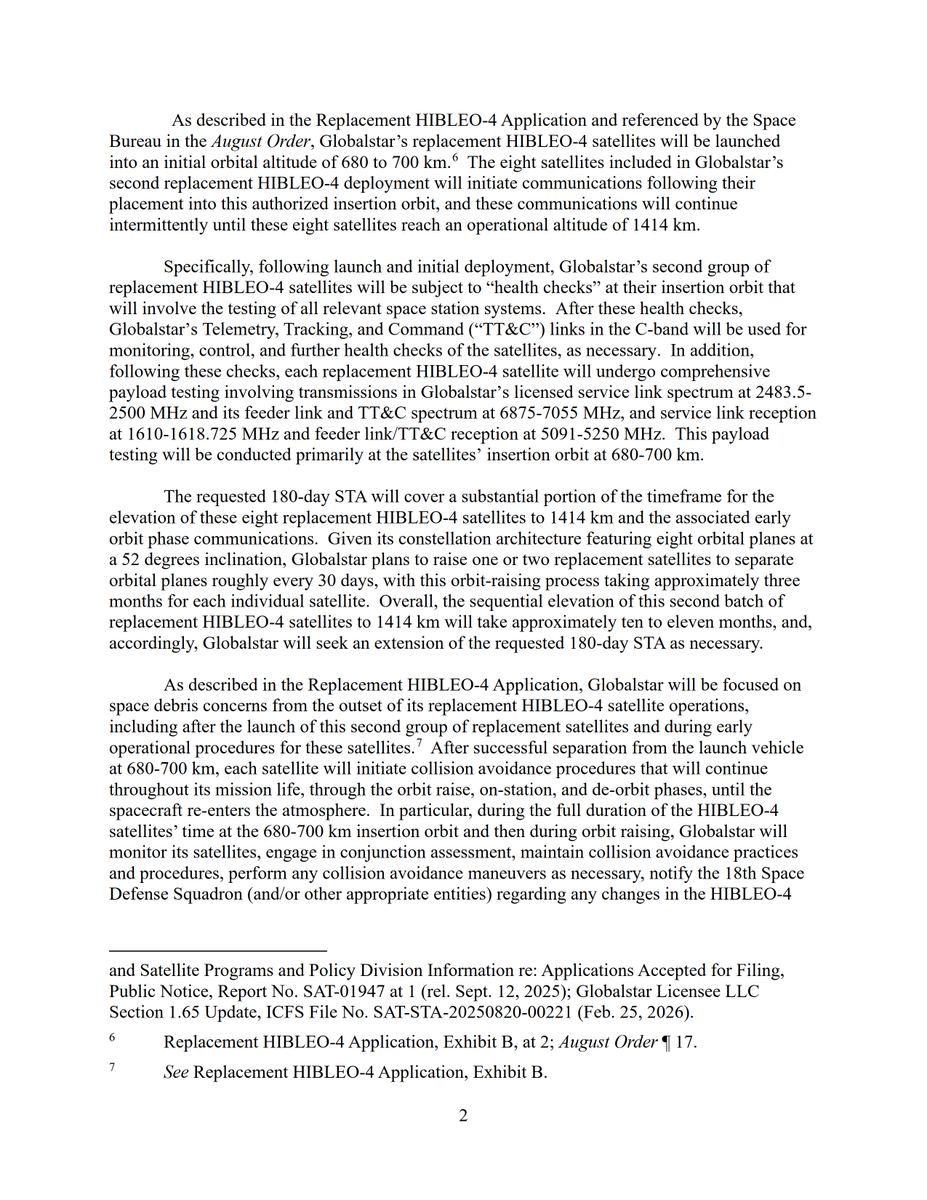 Megaconstellati's tweet image. .@Globalstar requests initial 180-day STA from @FCC for early orbit phase communications with 2nd batch of 8 replacement satellites to be launched under HIBLEO-4 ITU filing extending from 15-JUL-2026 to 11-JAN-2027. First batch of 9 sats to launch in May.
fccprod.servicenowservices.com/icfs?id=ibfs_a…