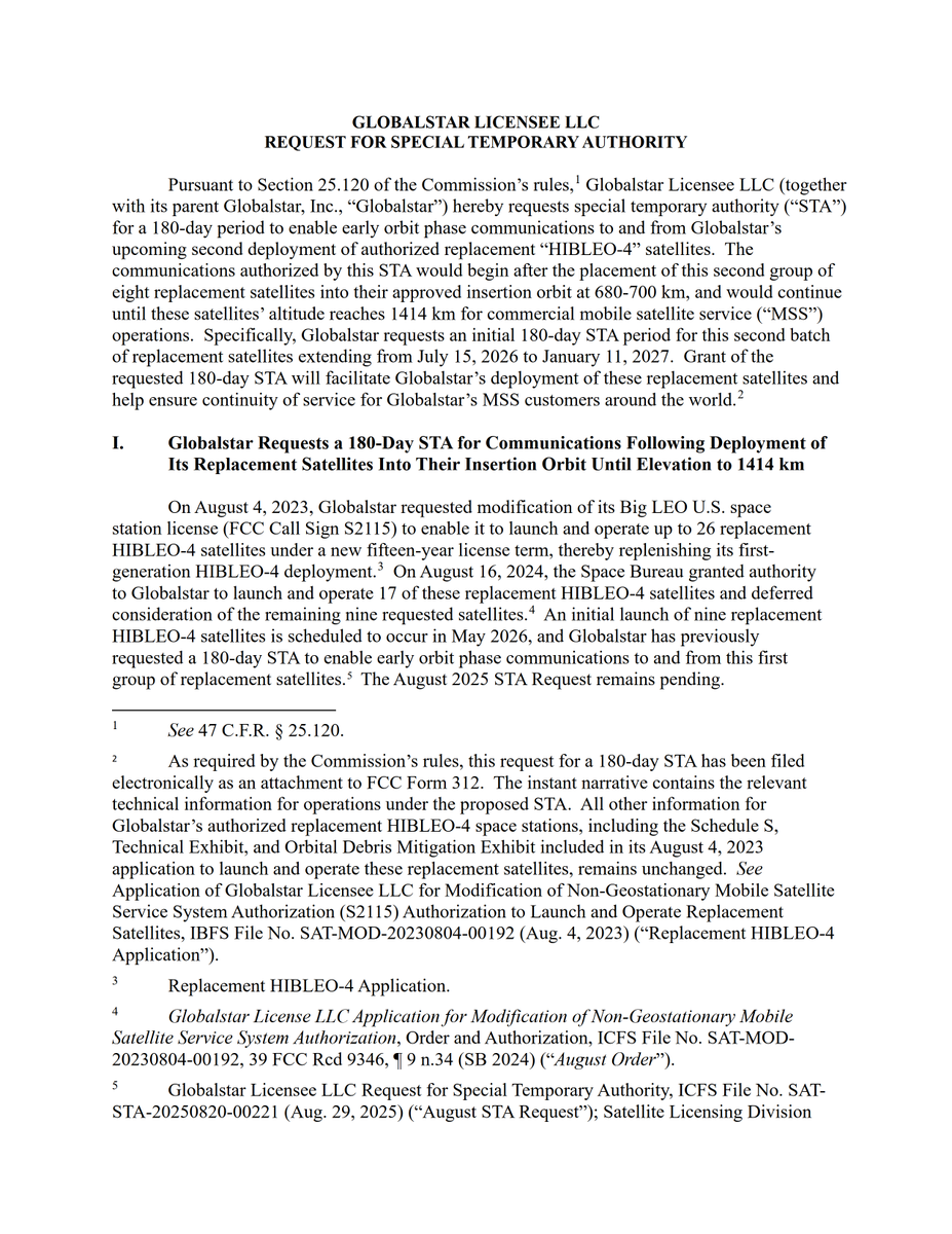 Megaconstellati's tweet image. .@Globalstar requests initial 180-day STA from @FCC for early orbit phase communications with 2nd batch of 8 replacement satellites to be launched under HIBLEO-4 ITU filing extending from 15-JUL-2026 to 11-JAN-2027. First batch of 9 sats to launch in May.
fccprod.servicenowservices.com/icfs?id=ibfs_a…
