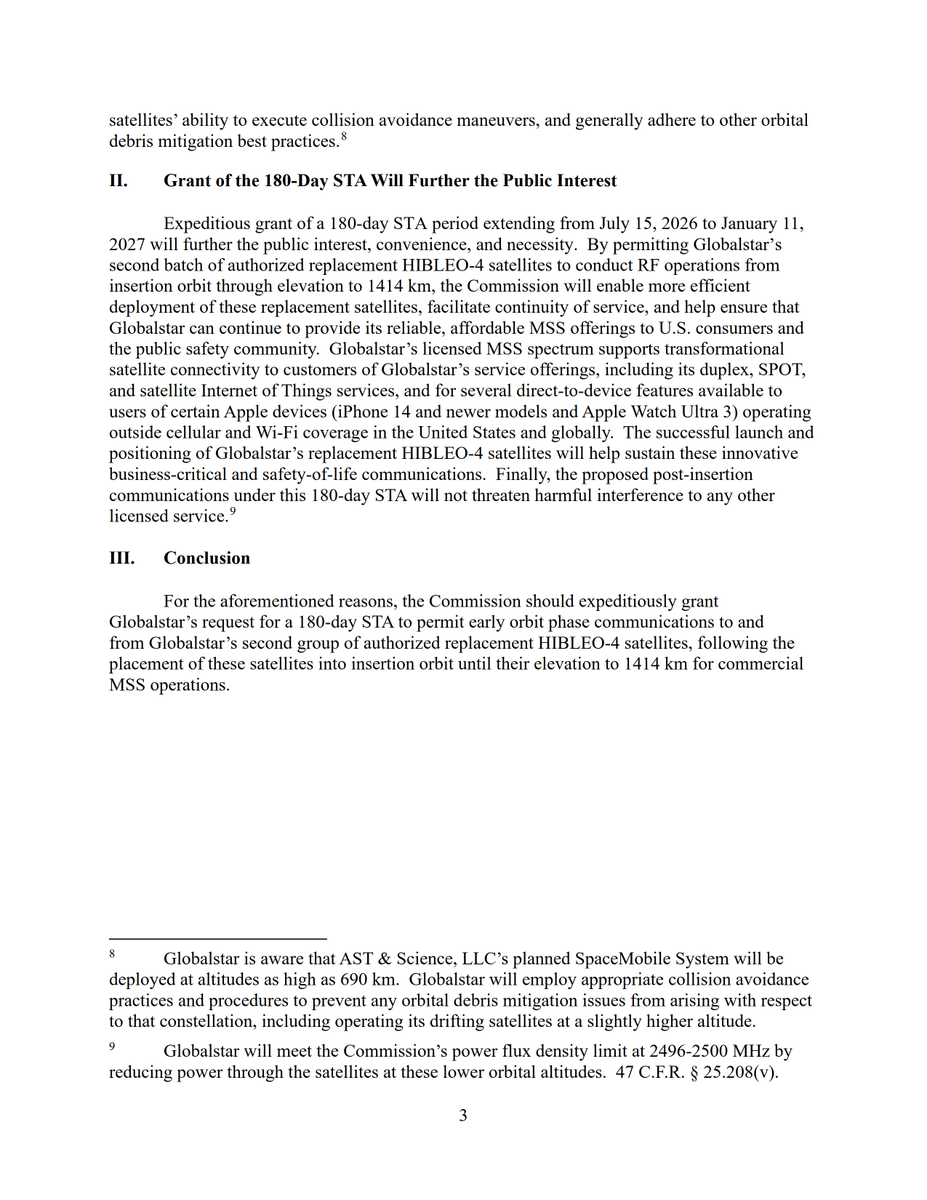 Megaconstellati's tweet image. .@Globalstar requests initial 180-day STA from @FCC for early orbit phase communications with 2nd batch of 8 replacement satellites to be launched under HIBLEO-4 ITU filing extending from 15-JUL-2026 to 11-JAN-2027. First batch of 9 sats to launch in May.
fccprod.servicenowservices.com/icfs?id=ibfs_a…