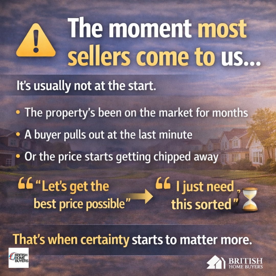 BritHomeBuyers's tweet image. The moment most sellers come to us?

After a deal falls through… or months on the market.

That’s when certainty starts to matter more than price.

#BritishHomeBuyers #UKProperty