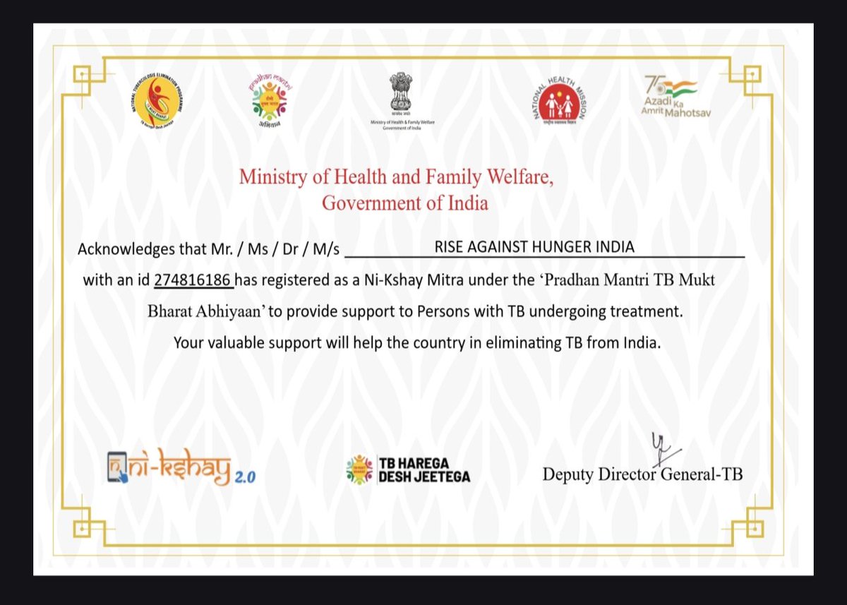 RiseIndia2030's tweet image. Honoured to receive the Ni-kshay Mitra certification for Dantewada and Bastar districts in Chattisgarh, recognising our support towards TB patients through nutrition and care.

A small step in strengthening the journey towards TB elimination.

#PublicHealth #TBMuktBharat
