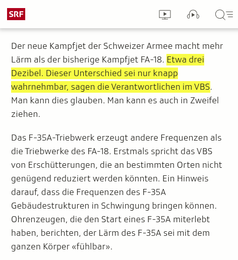 barbouillech's tweet image. 🧵 #f35
"Fluglärm: Wenn Schallschutzfenster nicht mehr reichen"
➡srf.ch/news/schweiz/n…

3dB sind "knapp Wahrnehmbar"? Entweder hält uns das @vbs_ddps für Idioten, oder sie sind es selbst. Oder beides.

Das Thema "Lärm" wird auch im Buch vom NR Fridez adressiert. Spoiler: Es