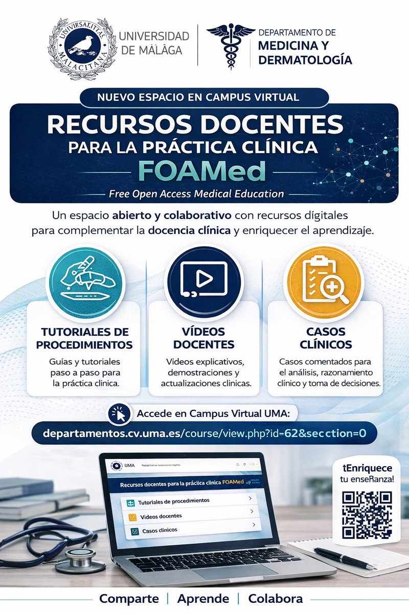 manuelfjn's tweet photo. ‼️Desde el Dep. @MedicinaUMA, lanzamos FOAMed: Recursos docentes para la práctica clínica

Materiales útiles, actuales y prácticos para mejorar la docencia clínica pegada a la realidad asistencial🏥

Os animo a echarle un vistazo y  sumar recursos 💪

👉 https://t.co/6XY4ehydXj https://t.co/4ZvgfkhBJO