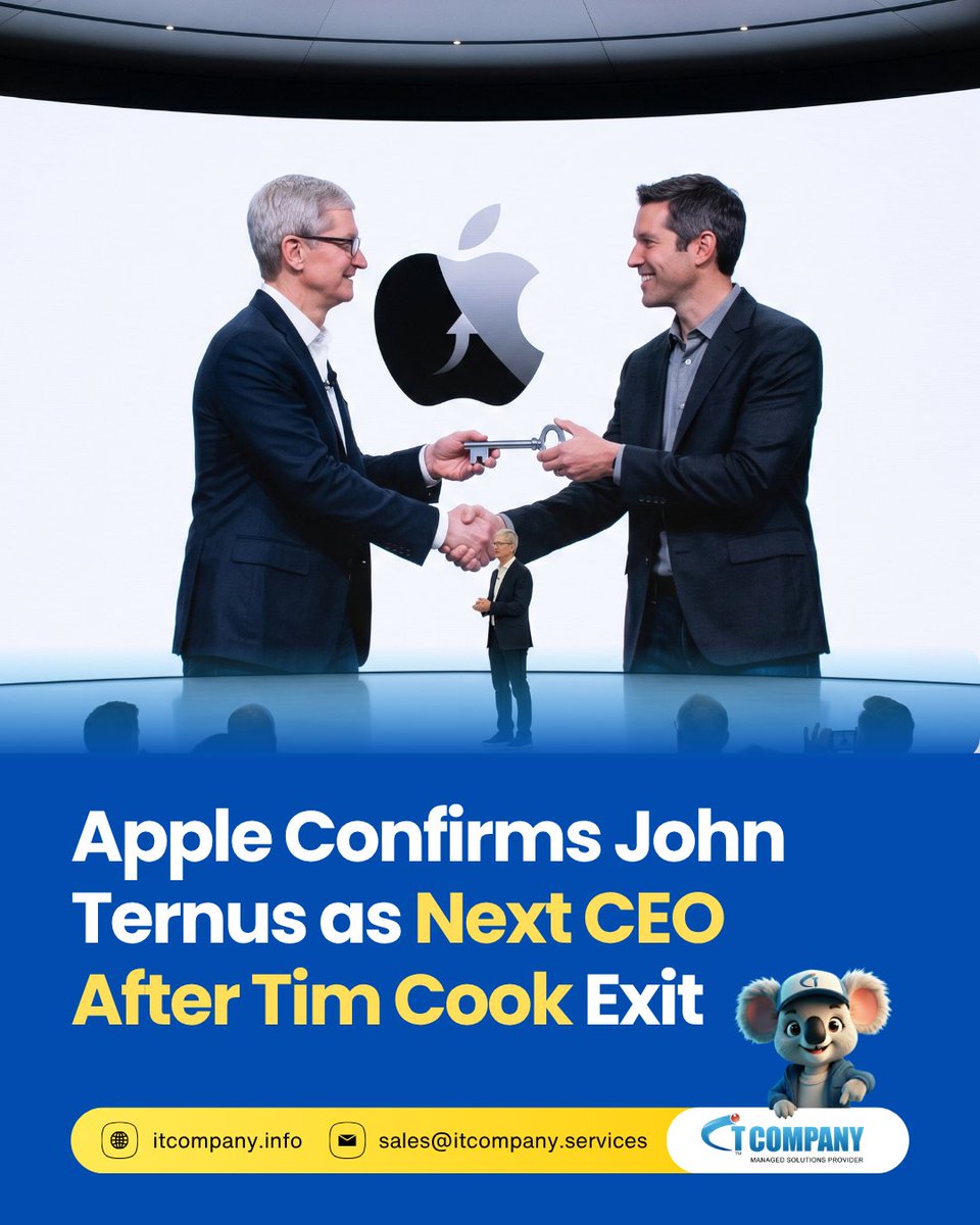 ITCompany_Co's tweet image. Apple enters a new chapter as Tim Cook steps down and hardware chief John Ternus takes over as CEO, with Cook transitioning to Chairman.
#Apple #Leadership #TechNews #itcompany