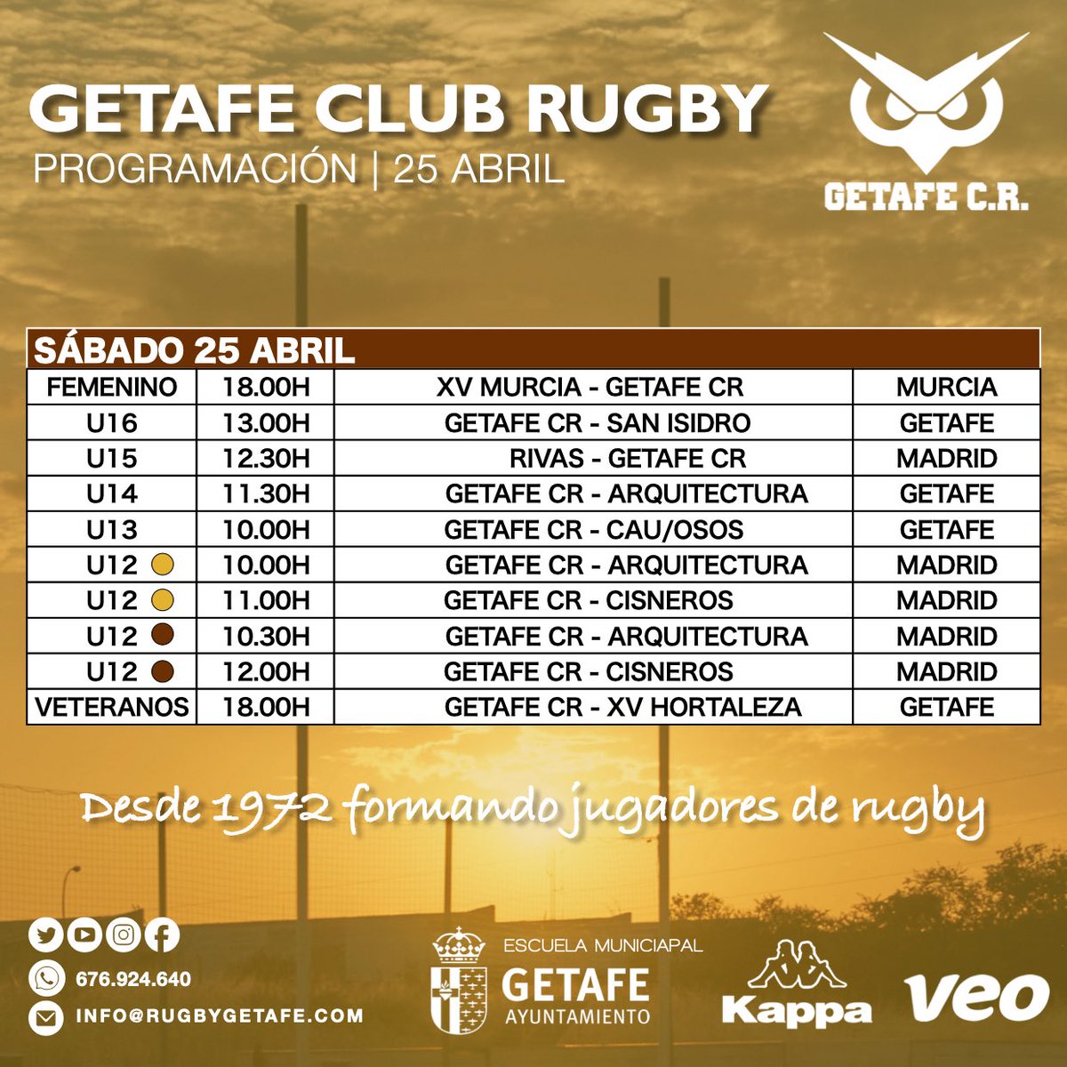 GetafeCR's tweet photo. 🟧 PROGRAMACIÓN GCR 🟫

Un sábado lleno de rugby! Os esperamos en las gradas animando a las lechuzas!!! https://t.co/O16RKXOQXR