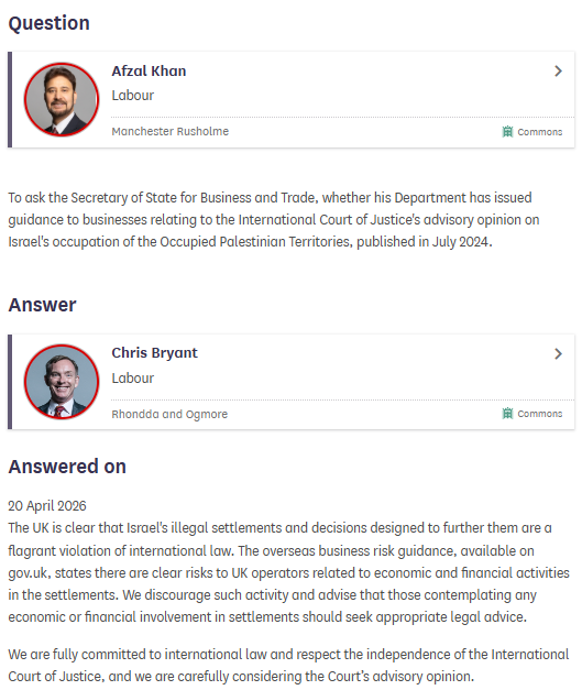 No less than 21 months after the ICJ's call on states including the UK to help end Israel's unlawful occupation of the West Bank, the UK government still claims "we are carefully considering the Court’s advisory opinion".

#DCUKparliament