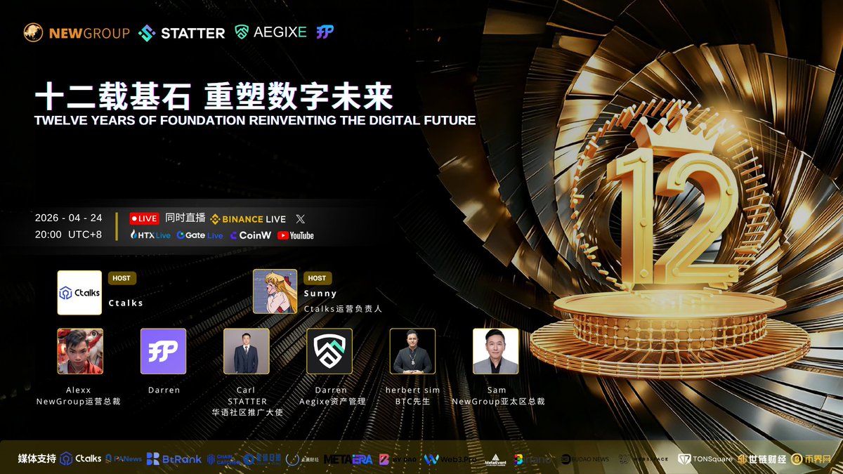 六平台同步直播 🎉🎉 NewGroup 12周年庆典
🎙️十二载基石 重塑数字未来 
TWELVE YEARS OF FOUNDATION REINVENTING THE DIGITAL FUTURE
⏰4月24日 20:00 UTC+8 

🎁惊喜空投 $NSTT 🥳阳光普照 人人有份
✅关注 转发 点赞 <a href="/NewGroupGlobal/">NEW GROUP</a>
 <a href="/talk99/">Ctalks</a>
✅在评论区留BSC地址领取空投