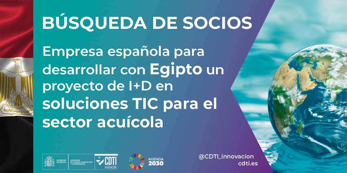 CDTI_innovacion's tweet image. 🇪🇸🇪🇬 Búsqueda de empresa española para colaborar con Egipto en un proyecto de I+D en soluciones #TIC para el monitoreo y control de variables en el sector #acuícola, en el marco del programa #EspañaEgipto #ESITIP

🔗 + info: cdti.es/noticias/cdti-… 

#AyudandoCrearFuturo