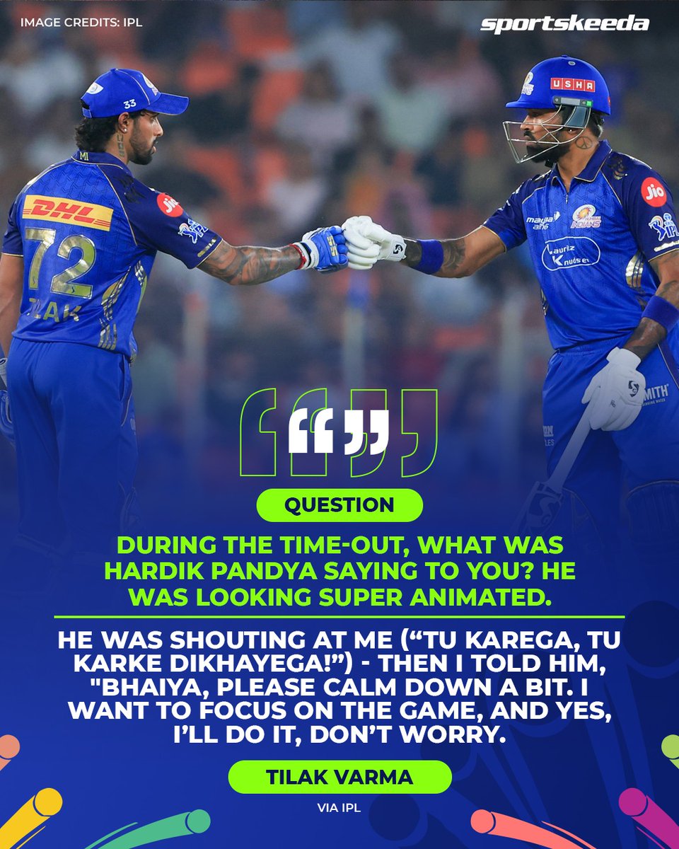 Sportskeeda's tweet image. Tilak Varma talks about his interaction with Hardik Pandya during the time-out. 🔥

#Cricket #GTvMI #HardikPandya
