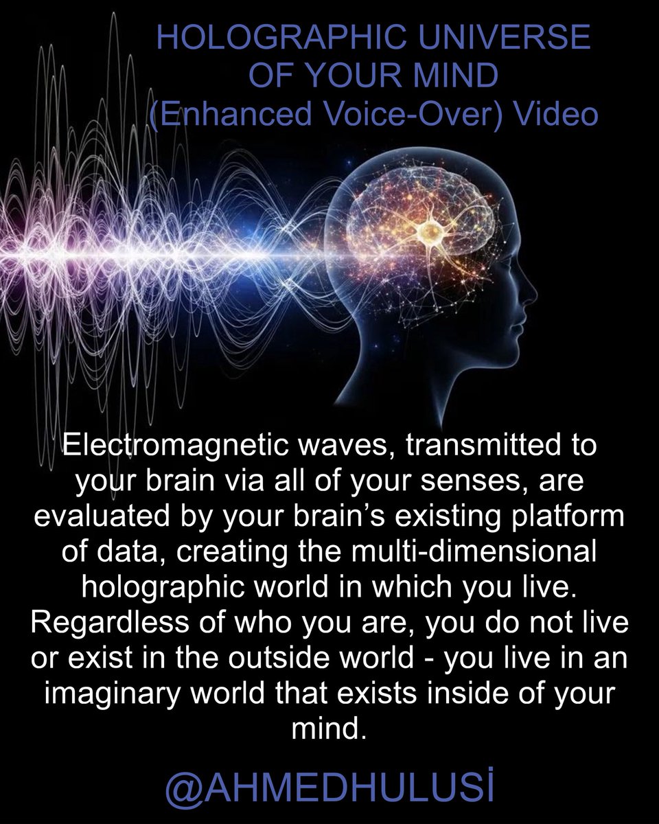 #Facebook

HOLOGRAPHIC UNIVERSE OF YOUR MIND
(Enhanced Voice-Over) Video

Electromagnetic waves, transmitted to your brain via all of your senses, are evaluated by your brain’s existing platform of data, creating the multi-dimensional holographic world in which you live.