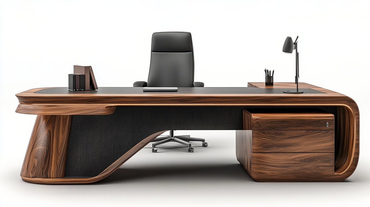 Shu0197's tweet image. Refined command. Deep espresso grains are framed by precision gold trim, featuring an integrated open-shelf return. Under-desk lighting adds a sophisticated, grounded glow. #luxurydesk #minimalism