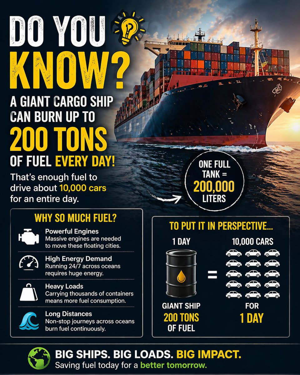 ViralVeeeds's tweet image. Do you know? 🚢

One of the world’s largest ships
can burn 200 tons of fuel per day.

That’s enough to power 10,000 cars for a full day.

Global trade runs on ships…
but the fuel cost is massive ⛽

#DidYouKnow #Shipping #CargoShip #GlobalTrade #OceanFacts