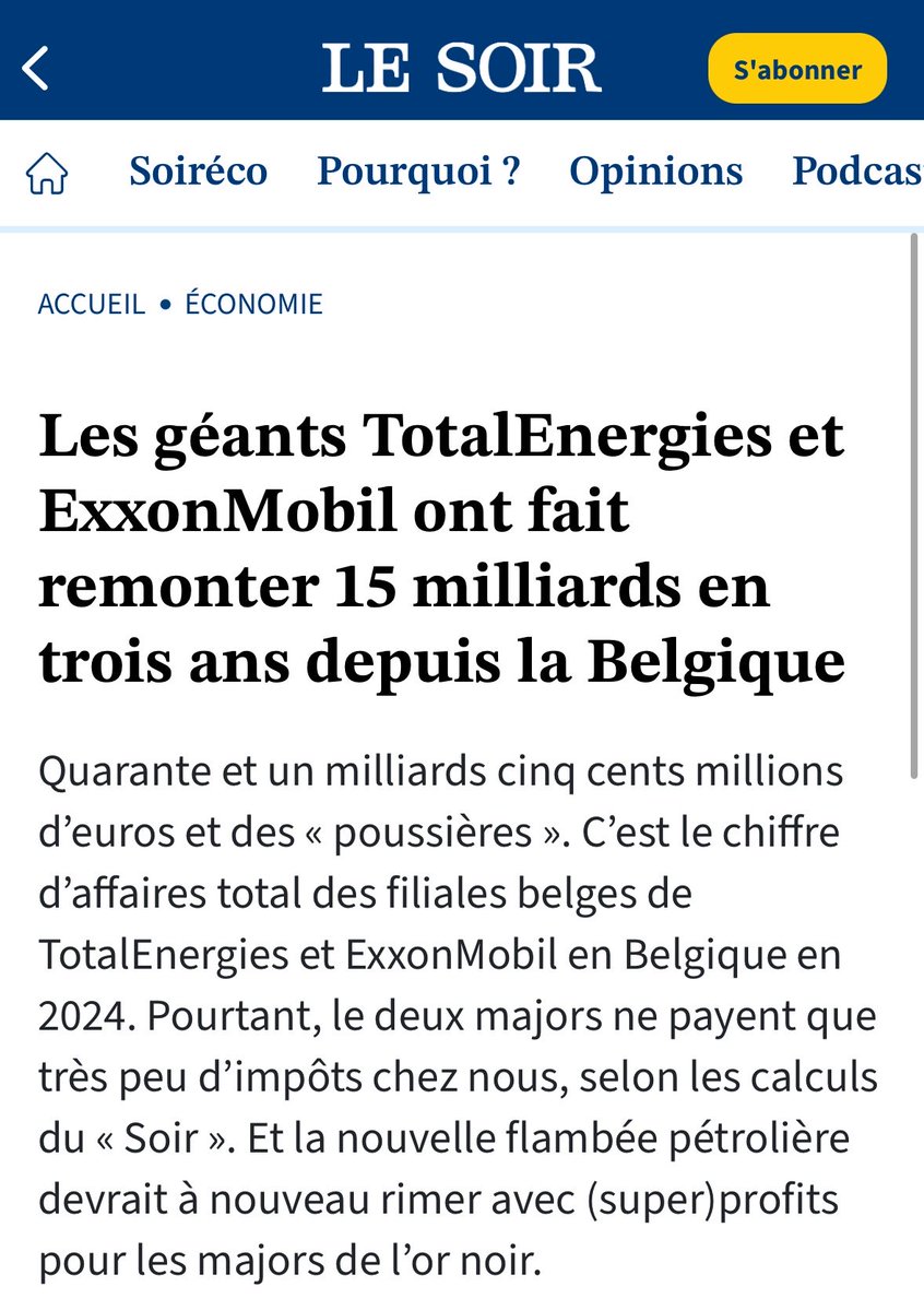 PaulMagnette's tweet image. De l’argent, il y en a...

Total Énergies et ExxonMobil enregistrent des profits excessifs depuis le début de la crise énergétique : 2,3 millions € par jour en Belgique rien que sur l’essence et le diesel ! 15 milliards en 3 ans.

Malgré cela, le premier ministre continue de