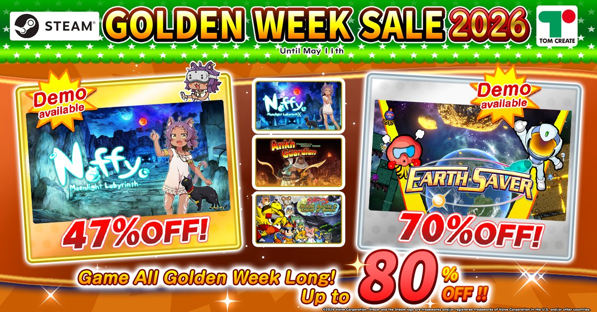 NeffymoonEN's tweet photo. 🔥 Steam Golden Week Sale 2026 🔥

Have you found your next favorite game yet? 🎮
Tom Create titles are now up to 80% OFF
Ends today — don’t miss your chance 👇
https://t.co/Eco9z0DXoi

#Steam #PCGaming #GameDeals https://t.co/8vb9MKCn31