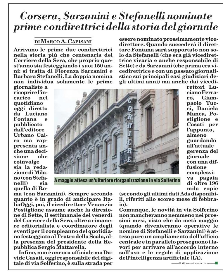 MCapisani's tweet image. ++ Corriere della Sera: prime giornaliste nominate condirettrici: Fiorenza Sarzanini e Barbara Stefanelli ++
Le altre novità nell'anticipazione di @ItaliaOggi 
#media #giornali #21aprile