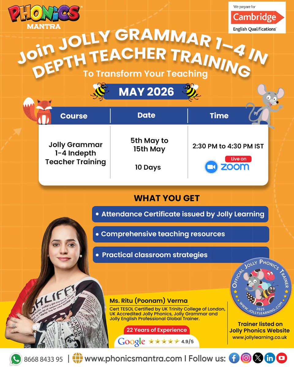 MantraPhonics's tweet image. Upgrade your classroom with structured grammar teaching.

Join Jolly Grammar 1–4 Teacher Training (May 5–15 | Live on Zoom).
Practical strategies + Certification.

📞 8668843395 to register

#TeacherTraining #JollyGrammar #PhonicsMantra