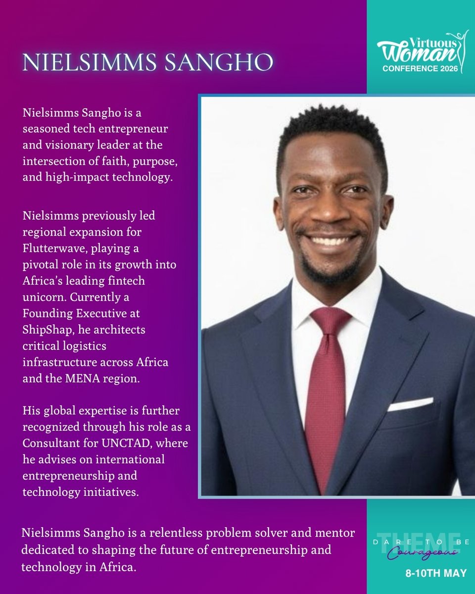 virtuouswomanug's tweet photo. Meet Nielsimms Sangho🎤✨

A powerhouse in the African tech ecosystem &amp; a
faith-driven entrepreneur. 📱💼

Don't miss his session at the Business &amp; Leadership
Symposium at the #virtuouswomanconference2026 
🚀✨
DATE : 8TH MAY 2026
📍Hotel Africana | 4 PM

#daretobecourageous https://t.co/0IqB7r3ace