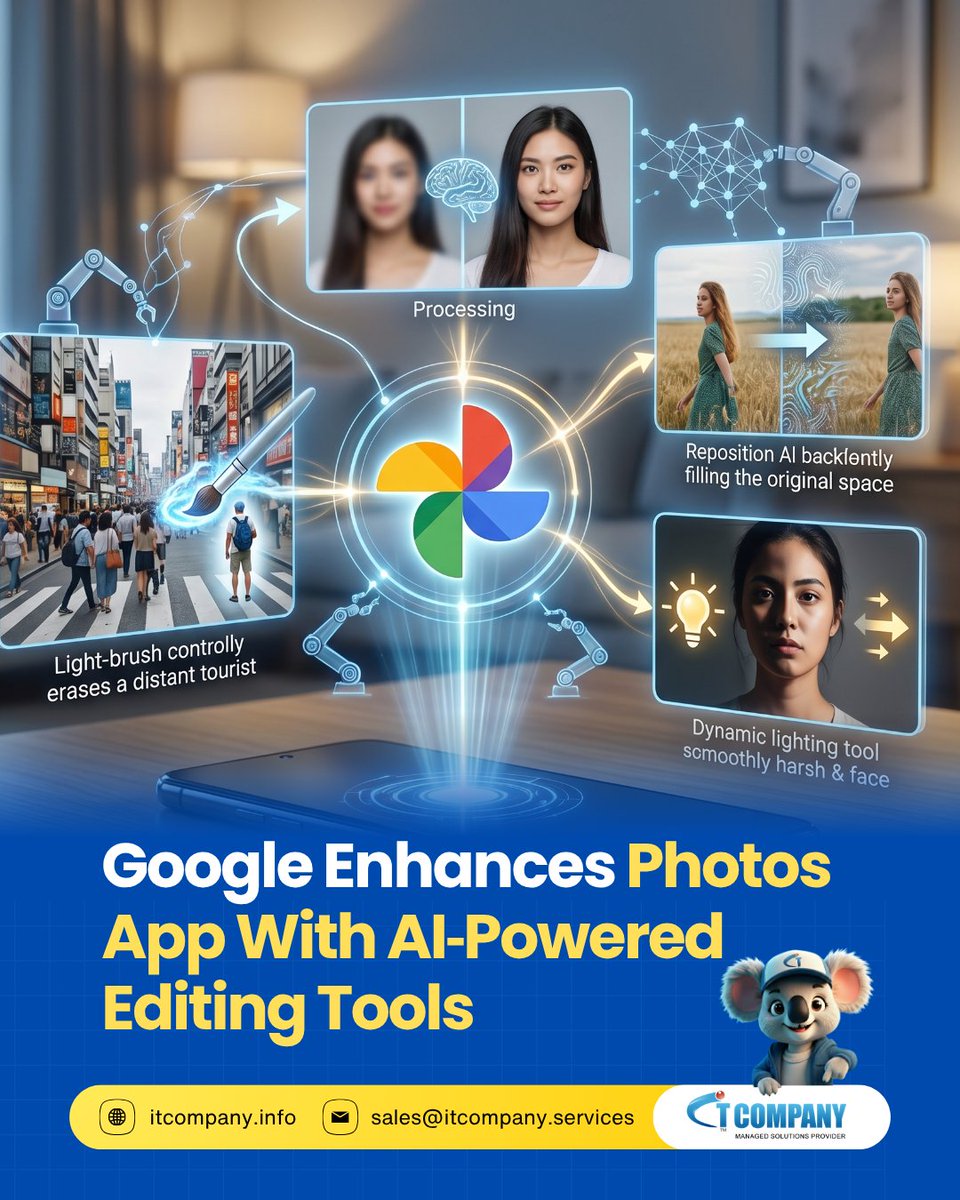 ITCompany_Co's tweet image. Google Photos gets smarter with new AI touch‑up tools, making quick, polished edits easier than ever.
#Google #AI #PhotoEditing #Apps #itcompany