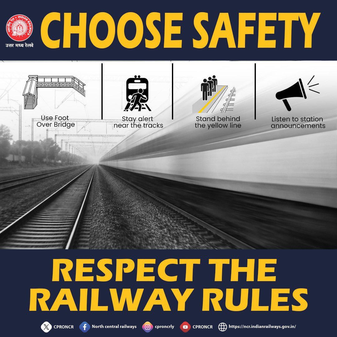 CPRONCR's tweet image. Stay Alert, Stay Safe 🚆⚠️

Always follow the railway rules— use FOB for crossing, never walk along or near the tracks, and stay attentive to railway announcements at all times.

#NCRailway #RailSafety #UseFOB #StayAlert #SafeTravel #IndianRailways