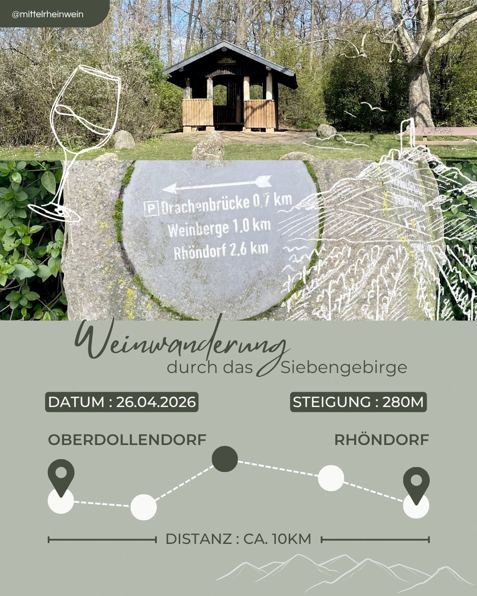 Das7Gebirge's tweet image. 26. April 2026: Weinwanderung im Siebengebirge ...

Start: 10:00 Uhr am Weingut Blöser in Oberdollendorf
Ziel: Genüsslicher Ausklang im Weingut Pieper in Rhöndorf
Teilnahme: 20 € pro Person

Weitere Infos unter: siebengebirge.de
.
.
#wanderlust #Wanderland #Siebengebirge