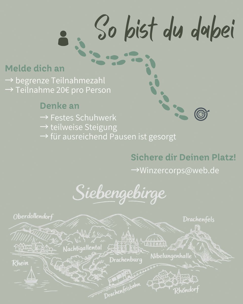 Das7Gebirge's tweet image. 26. April 2026: Weinwanderung im Siebengebirge ...

Start: 10:00 Uhr am Weingut Blöser in Oberdollendorf
Ziel: Genüsslicher Ausklang im Weingut Pieper in Rhöndorf
Teilnahme: 20 € pro Person

Weitere Infos unter: siebengebirge.de
.
.
#wanderlust #Wanderland #Siebengebirge