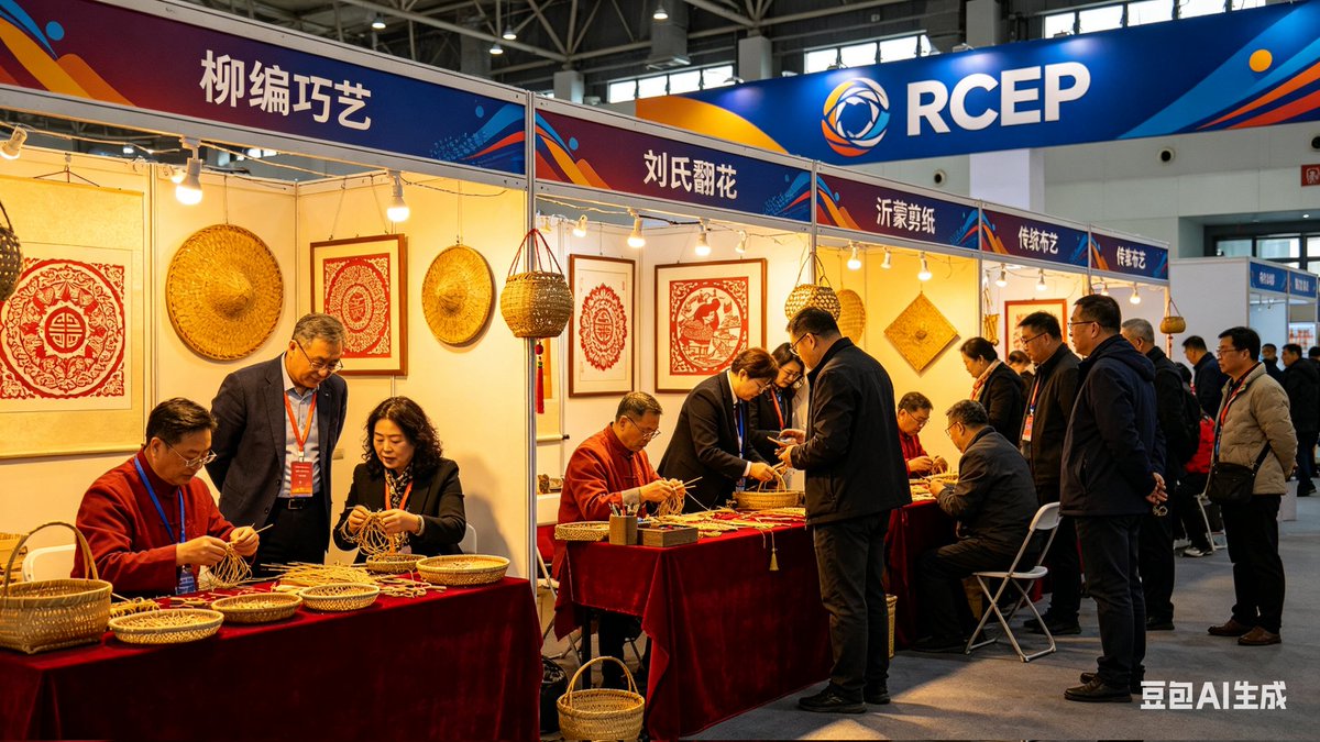 RCEP盛会里的东方美学！临沂非遗惊艳全球客商。柳编巧艺、刘氏翻花、沂蒙剪纸、传统布艺现场展演，指尖匠心，尽显东方底蕴。海内外友人驻足体验，古今碰撞、中外交融。展会搭台，非遗出圈，让沂蒙匠心随RCEP链接世界。#临沂非遗 #RCEP博览会