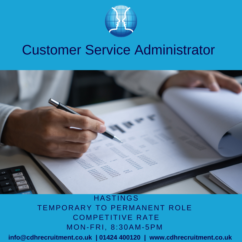 Our client is looking for a temporary-to-permanent customer service administrator to join their team.

Full-Time.
Hastings-based.
Monday to Friday.

For more information or to send a CV, send us an email to info@cdhrecruitment.co.uk