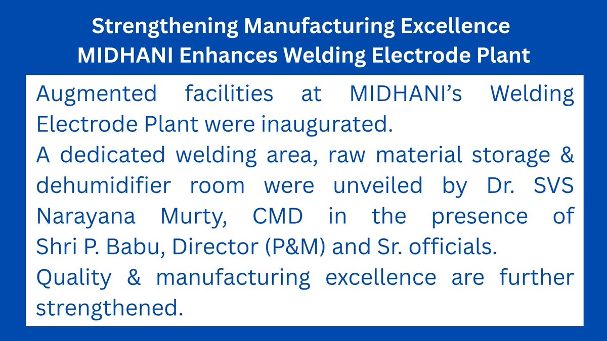 MidhaniLtd's tweet image. विनिर्माण उत्कृष्टता को सुदृढ़ बनाना: मिधानि में वेल्डिंग इलेक्ट्रोड संयंत्र का उन्नयन 
Strengthening Manufacturing Excellence: MIDHANI Enhances Welding Electrode Plant. 
#MIDHANI #ManufacturingExcellence