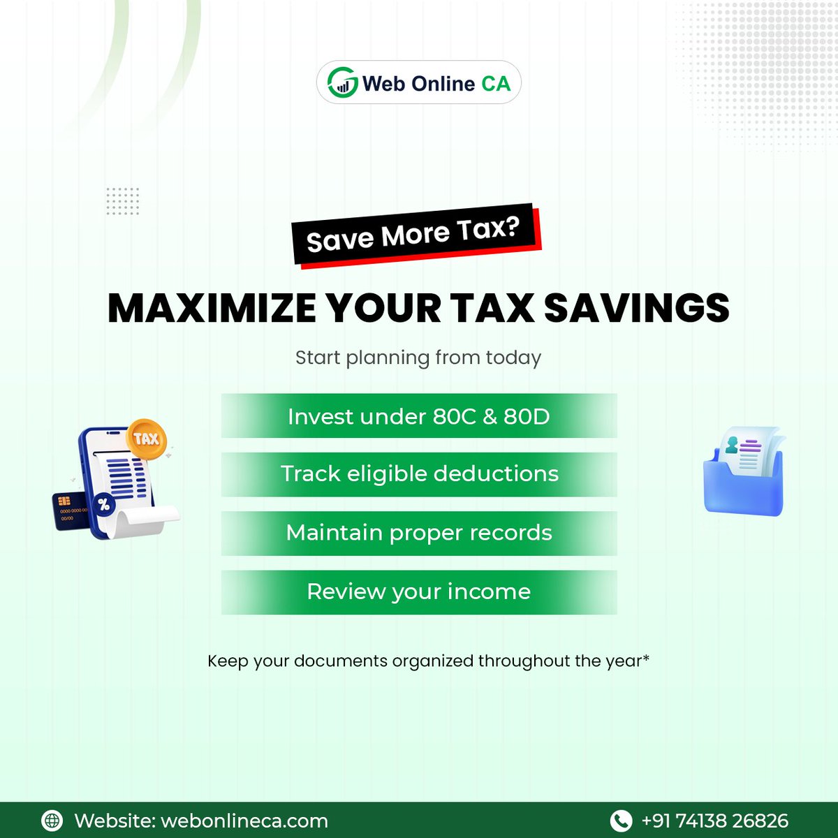 Webonlineca's tweet image. Maximize your tax savings with smart planning.

Start early, track your income, and make the most of every eligible deduction.

Stay organized today to avoid stress later.

#TaxSaving #ITR #IncomeTax